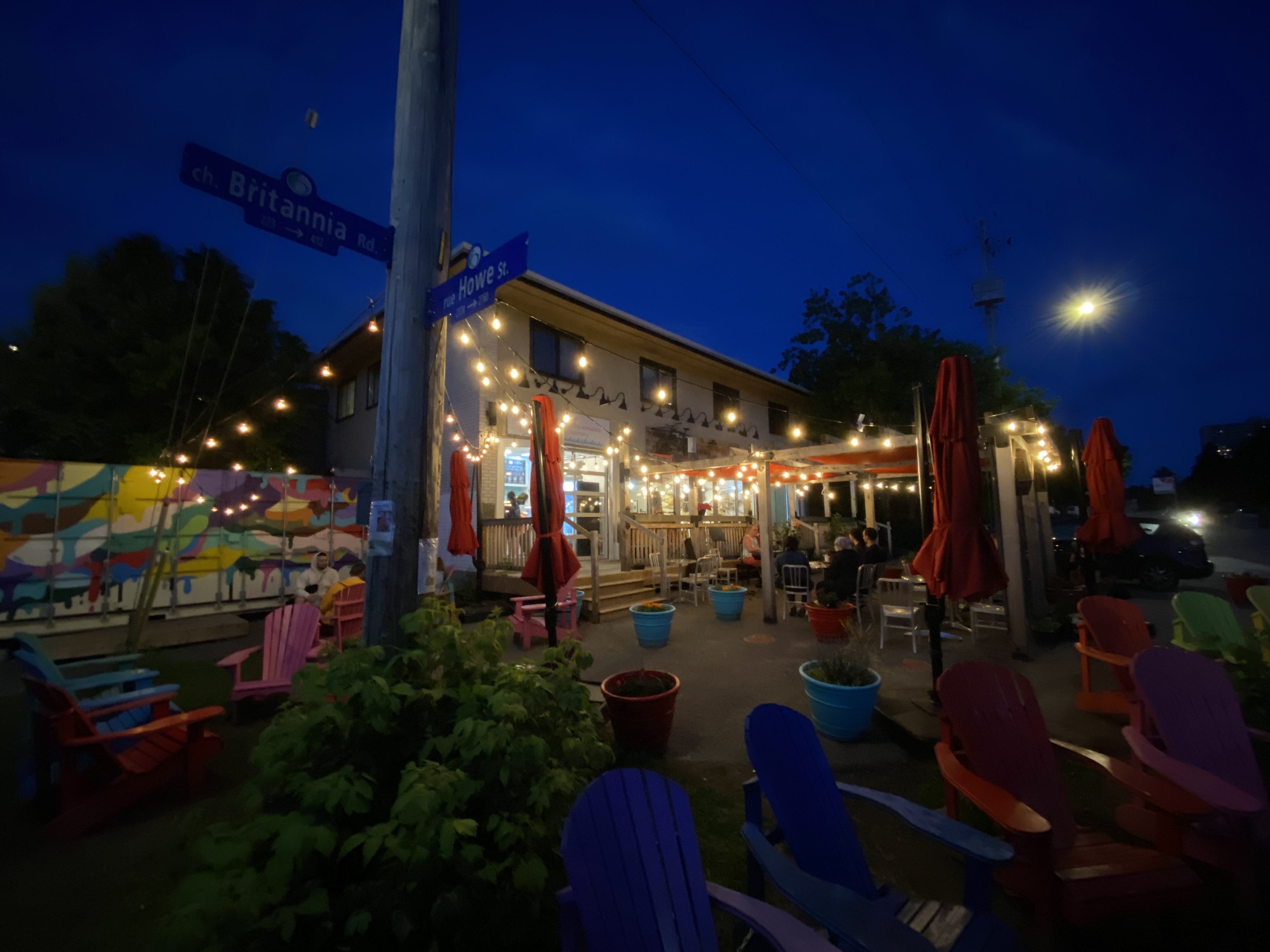 Wide angle view of a creamery at night